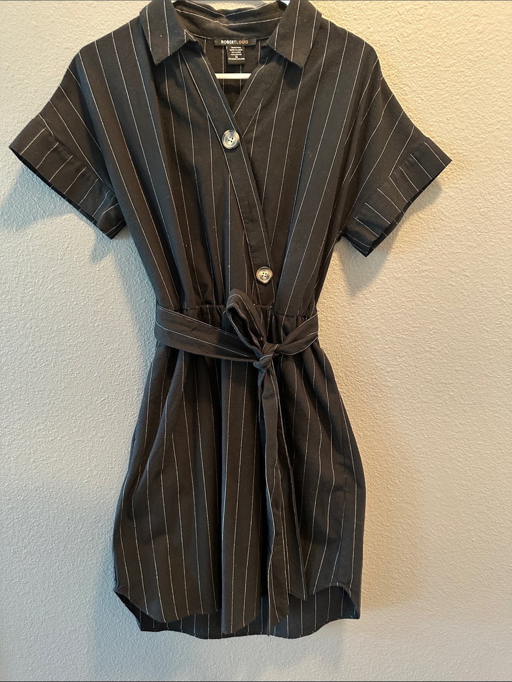 Robert Louis Black Pinstripe Shirt Dress with Tie Belt